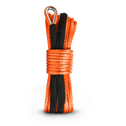 An orange **X-BULL Winch Rope Dyneema Synthetic Rope 5.5mm x 13m Tow Recovery Offroad 4wd** with heavy-duty construction features a protective sleeve, metal eye loop, and UV resistant properties. The black text reads "X-BULL" at the top. An off-road vehicle is in the background, with "YOUR TRUSTED OFF-ROAD PARTNER" displayed prominently. Four icons below depict its features.