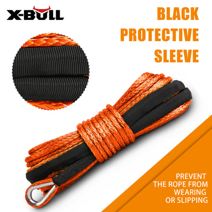 An orange **X-BULL Winch Rope Dyneema Synthetic Rope 5.5mm x 13m Tow Recovery Offroad 4wd** with heavy-duty construction features a protective sleeve, metal eye loop, and UV resistant properties. The black text reads "X-BULL" at the top. An off-road vehicle is in the background, with "YOUR TRUSTED OFF-ROAD PARTNER" displayed prominently. Four icons below depict its features.