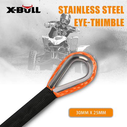 An orange **X-BULL Winch Rope Dyneema Synthetic Rope 5.5mm x 13m Tow Recovery Offroad 4wd** with heavy-duty construction features a protective sleeve, metal eye loop, and UV resistant properties. The black text reads "X-BULL" at the top. An off-road vehicle is in the background, with "YOUR TRUSTED OFF-ROAD PARTNER" displayed prominently. Four icons below depict its features.