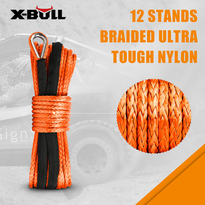 An orange **X-BULL Winch Rope Dyneema Synthetic Rope 5.5mm x 13m Tow Recovery Offroad 4wd** with heavy-duty construction features a protective sleeve, metal eye loop, and UV resistant properties. The black text reads "X-BULL" at the top. An off-road vehicle is in the background, with "YOUR TRUSTED OFF-ROAD PARTNER" displayed prominently. Four icons below depict its features.