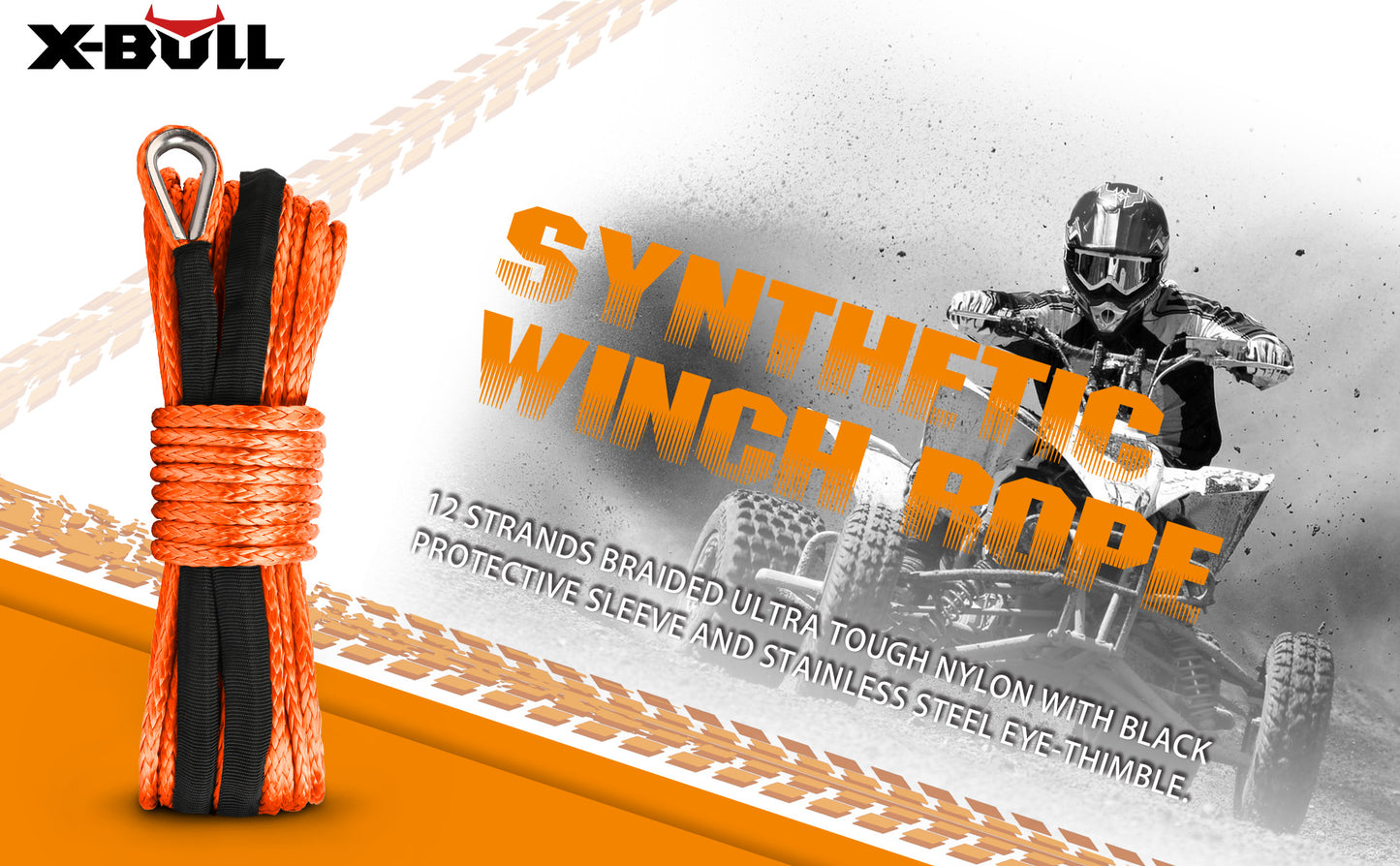 An orange **X-BULL Winch Rope Dyneema Synthetic Rope 5.5mm x 13m Tow Recovery Offroad 4wd** with heavy-duty construction features a protective sleeve, metal eye loop, and UV resistant properties. The black text reads "X-BULL" at the top. An off-road vehicle is in the background, with "YOUR TRUSTED OFF-ROAD PARTNER" displayed prominently. Four icons below depict its features.