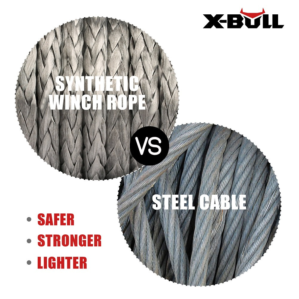 Promotional image for X-BULL Winch Rope 5.5mm x 13m Dyneema Synthetic Rope Tow Recovery Offroad 4wd4x4 featuring a coiled synthetic winch rope in the center. The text reads "Your Trusted Off-Road Partner" with icons below indicating high strength, universal use, abrasion resistance, and guaranteed quality. Background shows rugged off-road terrain and an off-road vehicle.