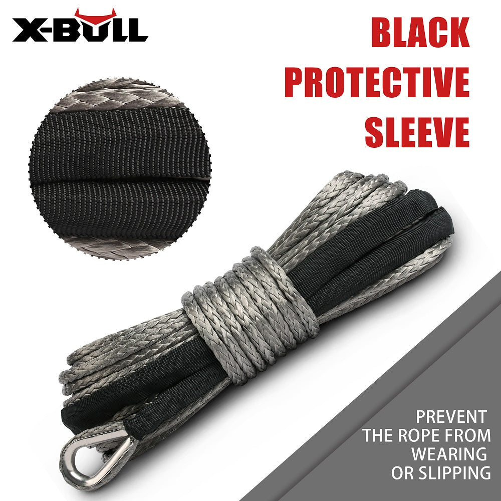 Promotional image for X-BULL Winch Rope 5.5mm x 13m Dyneema Synthetic Rope Tow Recovery Offroad 4wd4x4 featuring a coiled synthetic winch rope in the center. The text reads "Your Trusted Off-Road Partner" with icons below indicating high strength, universal use, abrasion resistance, and guaranteed quality. Background shows rugged off-road terrain and an off-road vehicle.