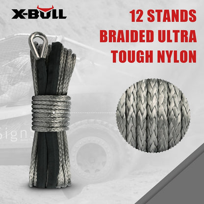 Promotional image for X-BULL Winch Rope 5.5mm x 13m Dyneema Synthetic Rope Tow Recovery Offroad 4wd4x4 featuring a coiled synthetic winch rope in the center. The text reads "Your Trusted Off-Road Partner" with icons below indicating high strength, universal use, abrasion resistance, and guaranteed quality. Background shows rugged off-road terrain and an off-road vehicle.