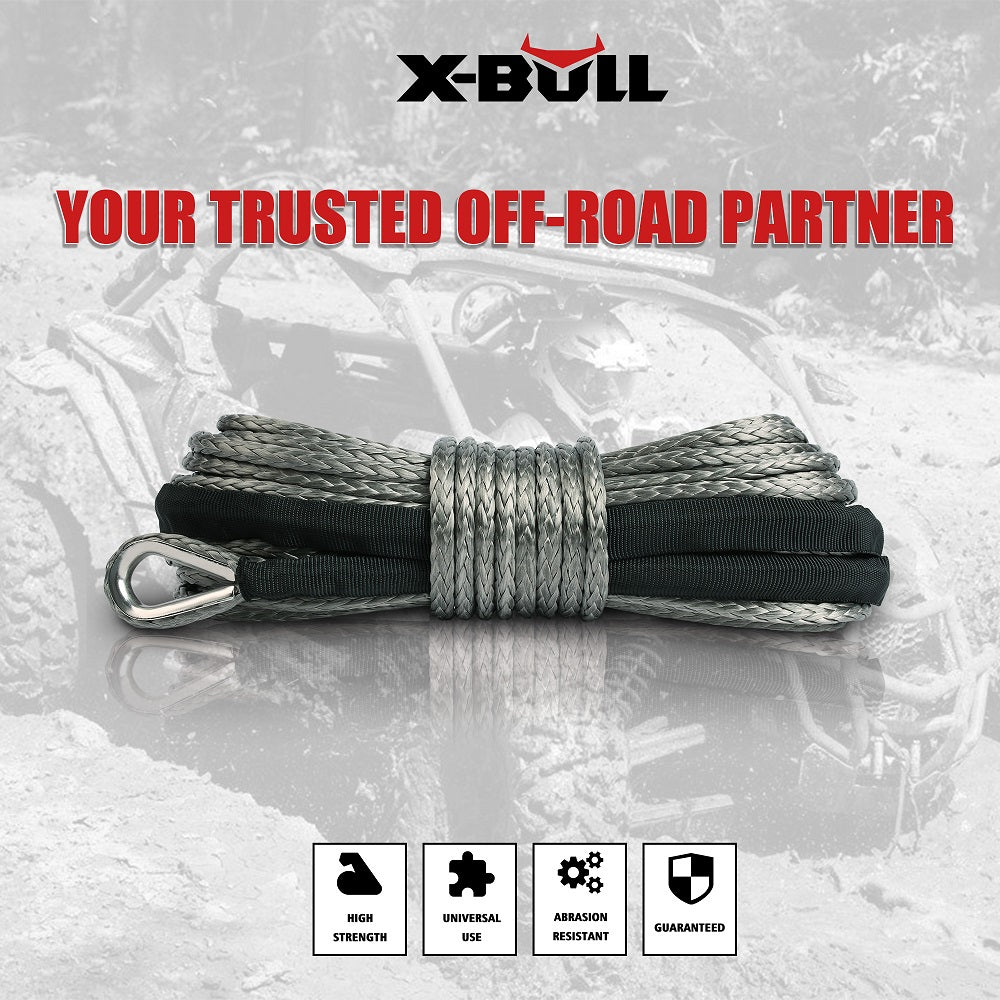 Promotional image for X-BULL Winch Rope 5.5mm x 13m Dyneema Synthetic Rope Tow Recovery Offroad 4wd4x4 featuring a coiled synthetic winch rope in the center. The text reads "Your Trusted Off-Road Partner" with icons below indicating high strength, universal use, abrasion resistance, and guaranteed quality. Background shows rugged off-road terrain and an off-road vehicle.