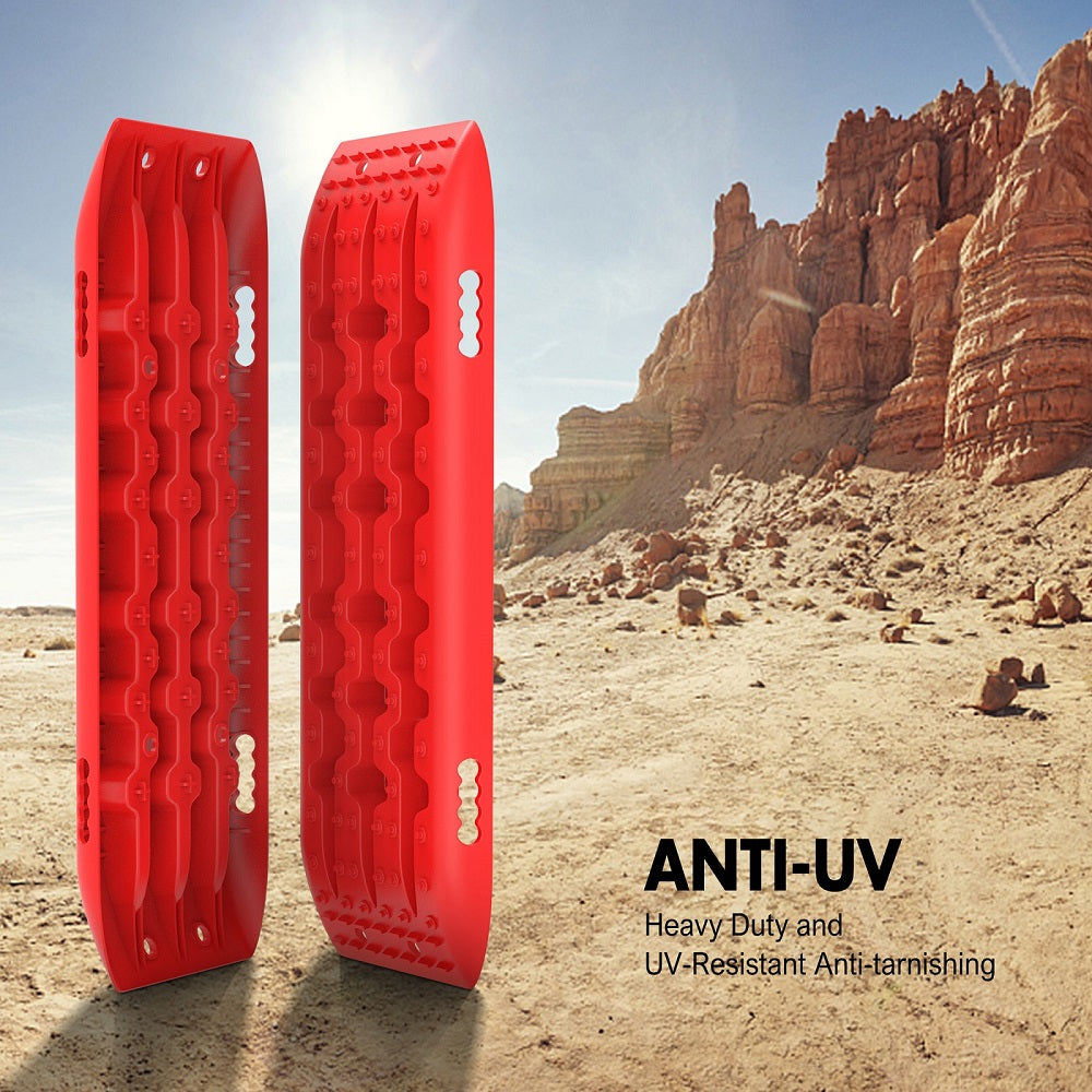 Image showing a red X-BULL Recovery tracks 10T Sand Mud Snow RED Offroad 4WD 4x4 2pc 91cm Gen 2.0 - red with a textured surface for vehicle traction, branded as Gen 2.0. Constructed from a durable nylon mixture, the kit includes rugged materials for off-road recovery and comes with XBULL leashes, a carrying bag, user manual, and black mounting straps, ideal for outdoor use.