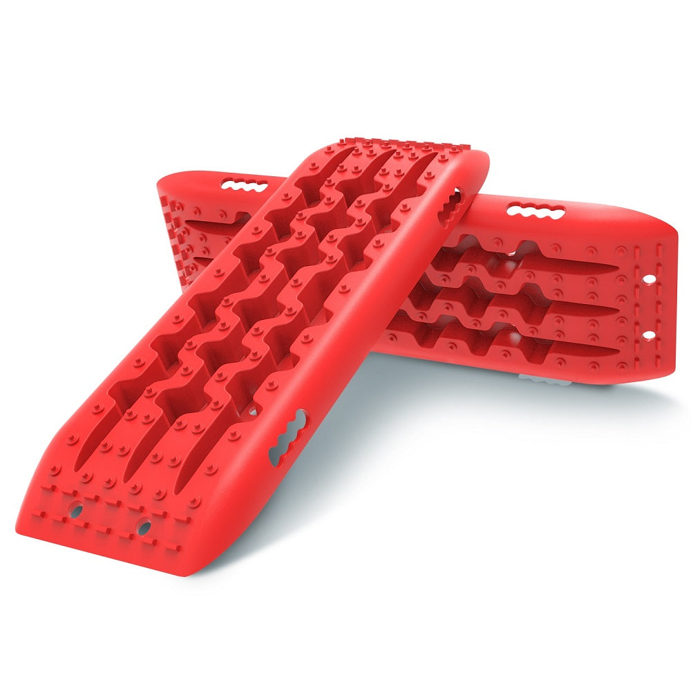 Image showing a red X-BULL Recovery tracks 10T Sand Mud Snow RED Offroad 4WD 4x4 2pc 91cm Gen 2.0 - red with a textured surface for vehicle traction, branded as Gen 2.0. Constructed from a durable nylon mixture, the kit includes rugged materials for off-road recovery and comes with XBULL leashes, a carrying bag, user manual, and black mounting straps, ideal for outdoor use.