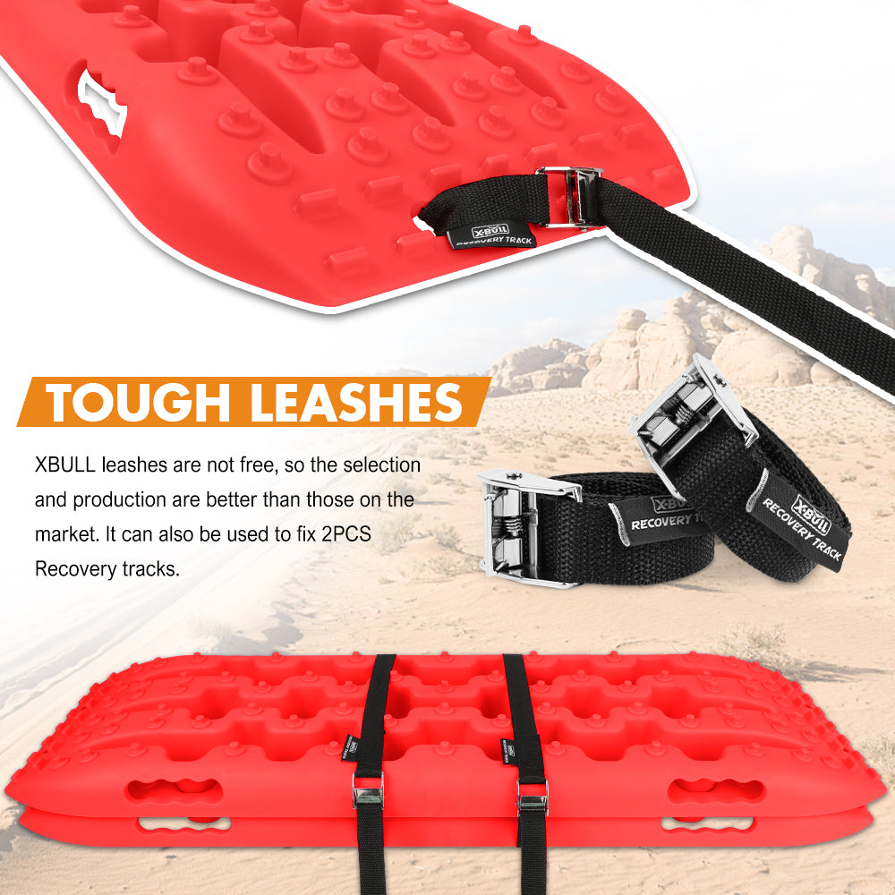 Image of X-BULL Recovery tracks Sand Trucks Offroad With 4PCS Mounting Pins 4WD Gen 2.0 - red. The image shows a pair of red recovery tracks with rugged surfaces made from a durable nylon mixture. Below the tracks, various kit components are displayed, including mounting pins, straps, a carrying bag, and stickers. Text reads: "RECOVERY TRACKS KITS - COME WITH:.