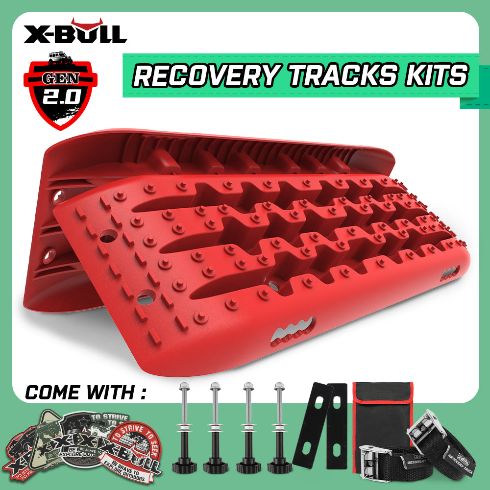 Image of X-BULL Recovery tracks Sand Trucks Offroad With 4PCS Mounting Pins 4WD Gen 2.0 - red. The image shows a pair of red recovery tracks with rugged surfaces made from a durable nylon mixture. Below the tracks, various kit components are displayed, including mounting pins, straps, a carrying bag, and stickers. Text reads: "RECOVERY TRACKS KITS - COME WITH:.