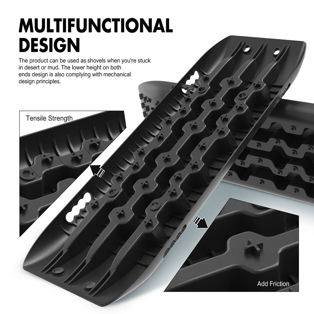 Image showing four black **X-BULL Recovery Tracks Sand Track Mud Snow 2 pairs Gen 2.0 Accessory 4WD 4X4 - Black**, used for vehicle recovery in off-road conditions. The recovery tracks feature textured surfaces and handles. Below them are four heavy-duty nylon material straps. To the right, there are two X-BULL branded logos.