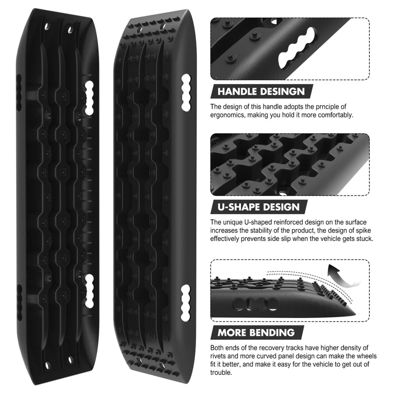 The X-BULL Recovery tracks Sand Trucks Offroad With 4PCS Mounting Pins 4WDGen 2.0 - Black includes rugged, black traction boards made from durable nylon material and mounting accessories for vehicle recovery. Featuring an innovative U-shape design, the package also includes a branded carrying bag, installation hardware, and stickers. Text reads 'Recovery Tracks Kits' and 'Come with.'