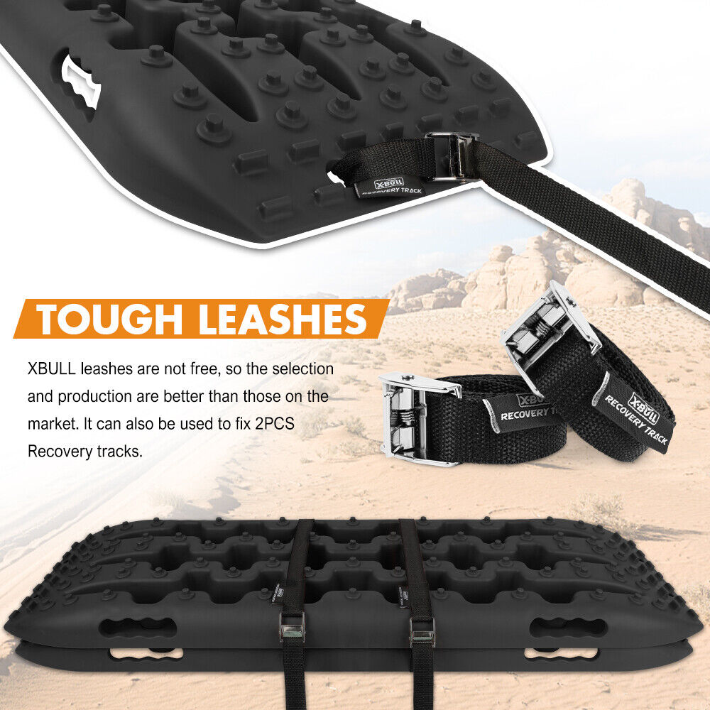 The X-BULL Recovery tracks Sand Trucks Offroad With 4PCS Mounting Pins 4WDGen 2.0 - Black includes rugged, black traction boards made from durable nylon material and mounting accessories for vehicle recovery. Featuring an innovative U-shape design, the package also includes a branded carrying bag, installation hardware, and stickers. Text reads 'Recovery Tracks Kits' and 'Come with.'