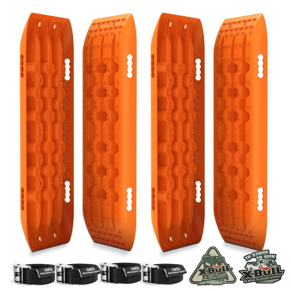 Four bright orange X-BULL Recovery Tracks Sand Track Mud Snow 10T 2 Pairs 4PC 4WD 4X4 Gen 2.0 are displayed upright in two pairs. Below the tracks are four black recovery straps with metal buckles, all made from durable nylon material. Two logos for X-BULL, a company renowned for off-road recovery gear, are shown on the right.