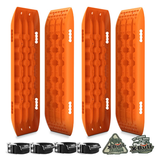 Four bright orange X-BULL Recovery Tracks Sand Track Mud Snow 10T 2 Pairs 4PC 4WD 4X4 Gen 2.0 are displayed upright in two pairs. Below the tracks are four black recovery straps with metal buckles, all made from durable nylon material. Two logos for X-BULL, a company renowned for off-road recovery gear, are shown on the right.