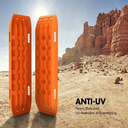 Image of an X-BULL Recovery tracks Sand tracks 2pcs Sand / Snow / Mud 10T 4WD Gen 2.0 showcased on a promotional banner. The kit features bright orange recovery tracks with an innovative U-shape design for vehicle traction in off-road situations. Additional items, including straps and gloves, are also shown.