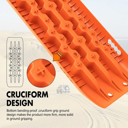 Image of an X-BULL Recovery tracks Sand tracks 2pcs Sand / Snow / Mud 10T 4WD Gen 2.0 showcased on a promotional banner. The kit features bright orange recovery tracks with an innovative U-shape design for vehicle traction in off-road situations. Additional items, including straps and gloves, are also shown.