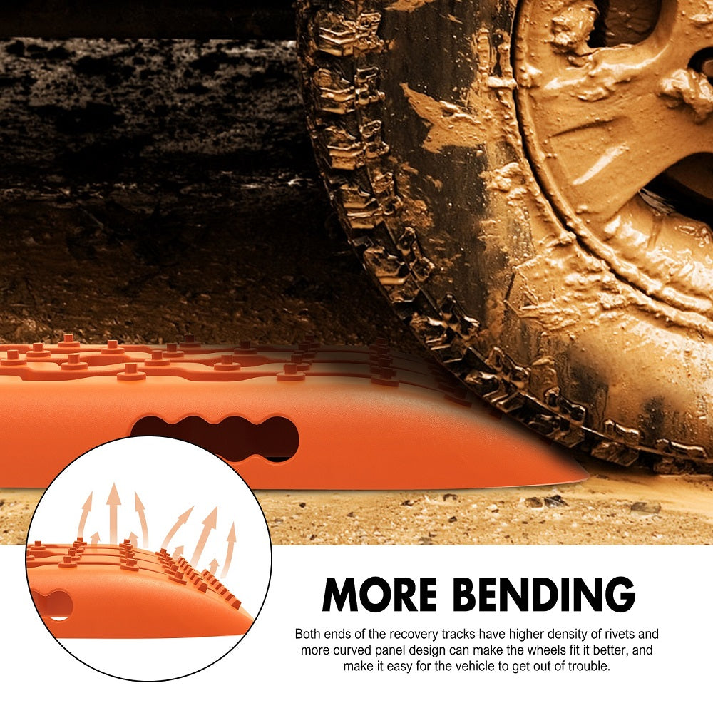 Image of an X-BULL Recovery tracks Sand tracks 2pcs Sand / Snow / Mud 10T 4WD Gen 2.0 showcased on a promotional banner. The kit features bright orange recovery tracks with an innovative U-shape design for vehicle traction in off-road situations. Additional items, including straps and gloves, are also shown.