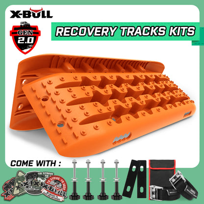 The image displays an orange X-BULL Recovery tracks Sand Trucks Offroad With 4PCS Mounting Pins 4WDGen 2.0 kit, featuring durable nylon material. The package includes recovery tracks, mounting pins, straps, a carrying bag, and X-BULL branded accessories. The background is green with labels indicating the product and its components.