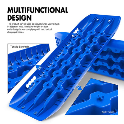 The image shows three bright blue X-BULL Recovery tracks Sand tracks 2 pairs Sand / Snow / Mud 10T 4WD Gen 2.0 - blue, each with a textured surface for grip made from durable nylon material. Below them are four black straps with metal clasps. On the right side, there are two badges: one reads "X-Bull," and the other reads "10 Stake Tire Spike" in U-shape design.