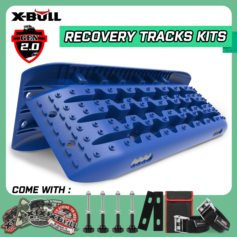 The image features a set of blue X-BULL Recovery tracks Sand Trucks Offroad With 4PCS Mounting Pins 4WDGen 2.0 - blue for vehicle traction, labeled "GEN 2.0" at the top left. Boasting a durable Nylon mixture and U-shape design for enhanced grip, the tracks come with accessories including bolts, a storage bag, and decals. Text reads "Recovery Tracks Kits" with all accompanying accessories listed as "COME WITH.