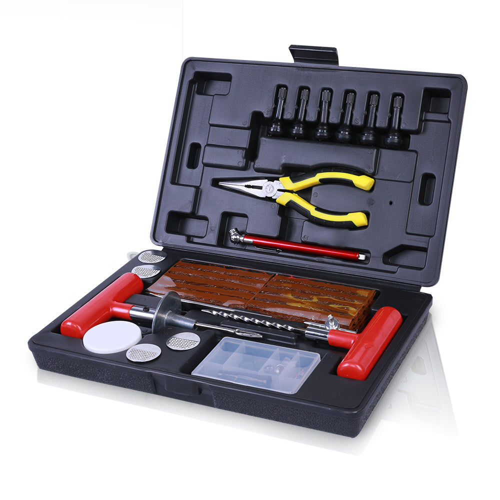 A versatile **X-BULL 100PCS Tire Repair Kit Tyre Puncture Motorcycle Tubeless Auto Vehicle 4x4** with multiple compartments containing various tools, including a pair of yellow and black pliers, a silver and red screwdriver, several black metal bits, a utility knife, durable T-handles, adhesive patches, and other emergency repair accessories, all in a black case.