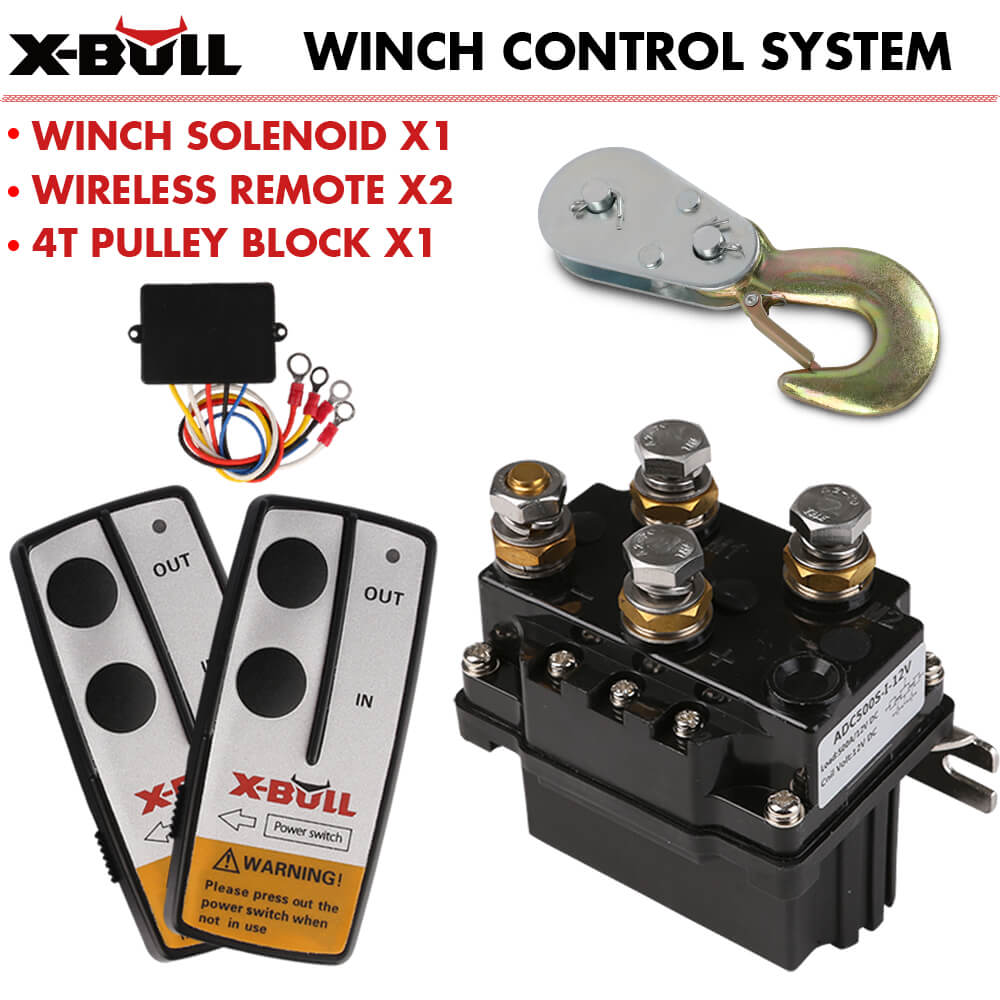 Image of a X-BULL Winch Solenoid Relay 12V 500A Winch Controller Twin Wireless Remote 4T Block Pulley by X-BULL, featuring a 12v winch solenoid, two wireless winch remotes, and a 4T pulley block. The components are arranged against a white background with item labels in red text. One remote has a warning label about unplugging the switch when not in use.