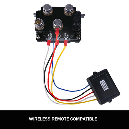 Image of a X-BULL Winch Solenoid Relay 12V 500A Winch Controller Twin Wireless Remote 4T Block Pulley by X-BULL, featuring a 12v winch solenoid, two wireless winch remotes, and a 4T pulley block. The components are arranged against a white background with item labels in red text. One remote has a warning label about unplugging the switch when not in use.