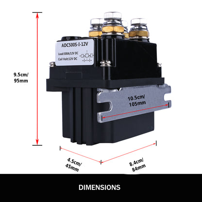 Image of a X-BULL Winch Solenoid Relay 12V 500A Winch Controller Twin Wireless Remote 4T Block Pulley by X-BULL, featuring a 12v winch solenoid, two wireless winch remotes, and a 4T pulley block. The components are arranged against a white background with item labels in red text. One remote has a warning label about unplugging the switch when not in use.