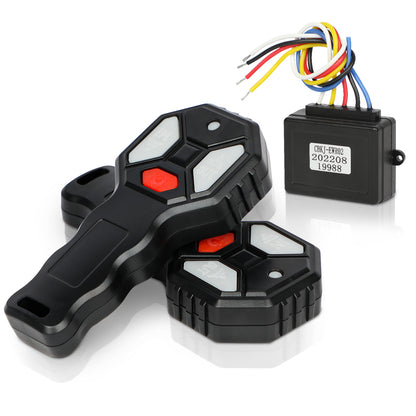 A black handheld remote control with gray and red buttons is shown along with a similar, smaller X-BULL 2x Wireless Winch Remote Control 12 Volt Handset Switch 150ft 4WD and a small black rectangular component with multiple colored wires attached.