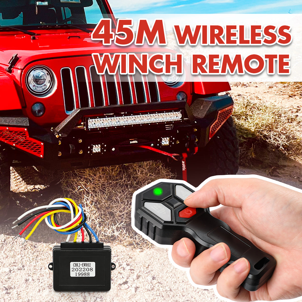 A black handheld remote control with gray and red buttons is shown along with a similar, smaller X-BULL 2x Wireless Winch Remote Control 12 Volt Handset Switch 150ft 4WD and a small black rectangular component with multiple colored wires attached.