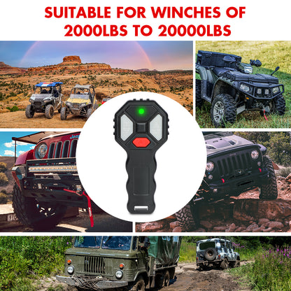 A black handheld remote control with gray and red buttons is shown along with a similar, smaller X-BULL 2x Wireless Winch Remote Control 12 Volt Handset Switch 150ft 4WD and a small black rectangular component with multiple colored wires attached.