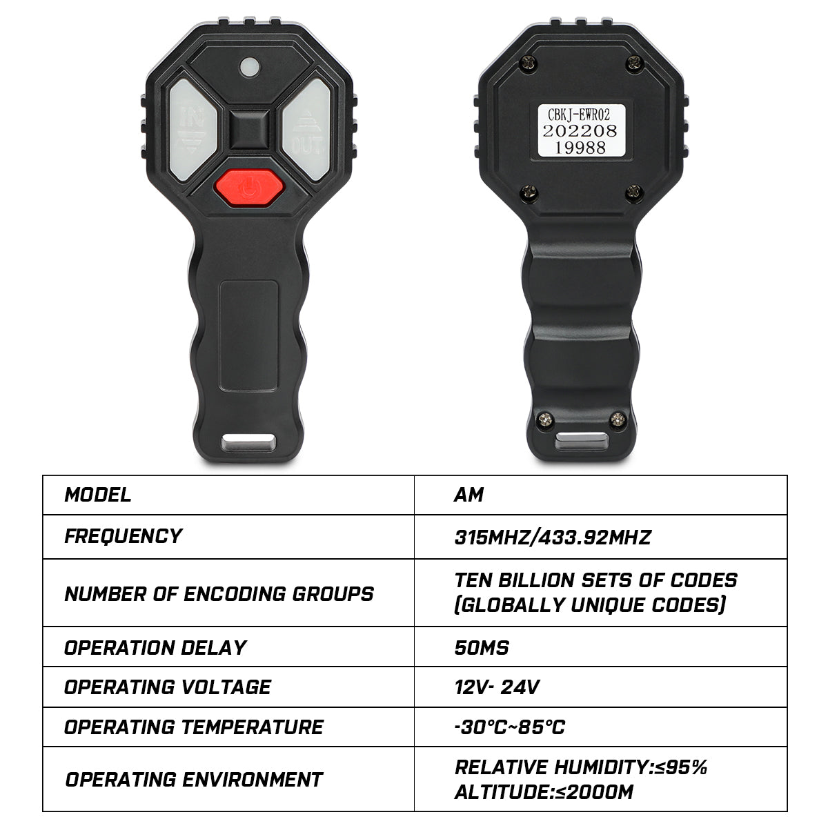 A black handheld remote control with gray and red buttons is shown along with a similar, smaller X-BULL 2x Wireless Winch Remote Control 12 Volt Handset Switch 150ft 4WD and a small black rectangular component with multiple colored wires attached.