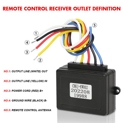 A black handheld remote control with gray and red buttons is shown along with a similar, smaller X-BULL 2x Wireless Winch Remote Control 12 Volt Handset Switch 150ft 4WD and a small black rectangular component with multiple colored wires attached.