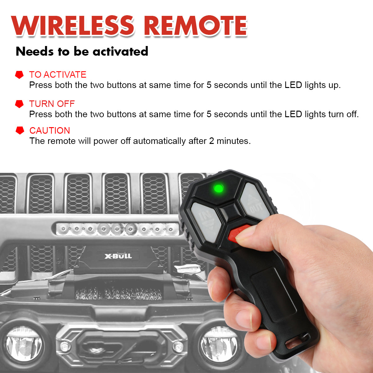 A black handheld remote control with gray and red buttons is shown along with a similar, smaller X-BULL 2x Wireless Winch Remote Control 12 Volt Handset Switch 150ft 4WD and a small black rectangular component with multiple colored wires attached.