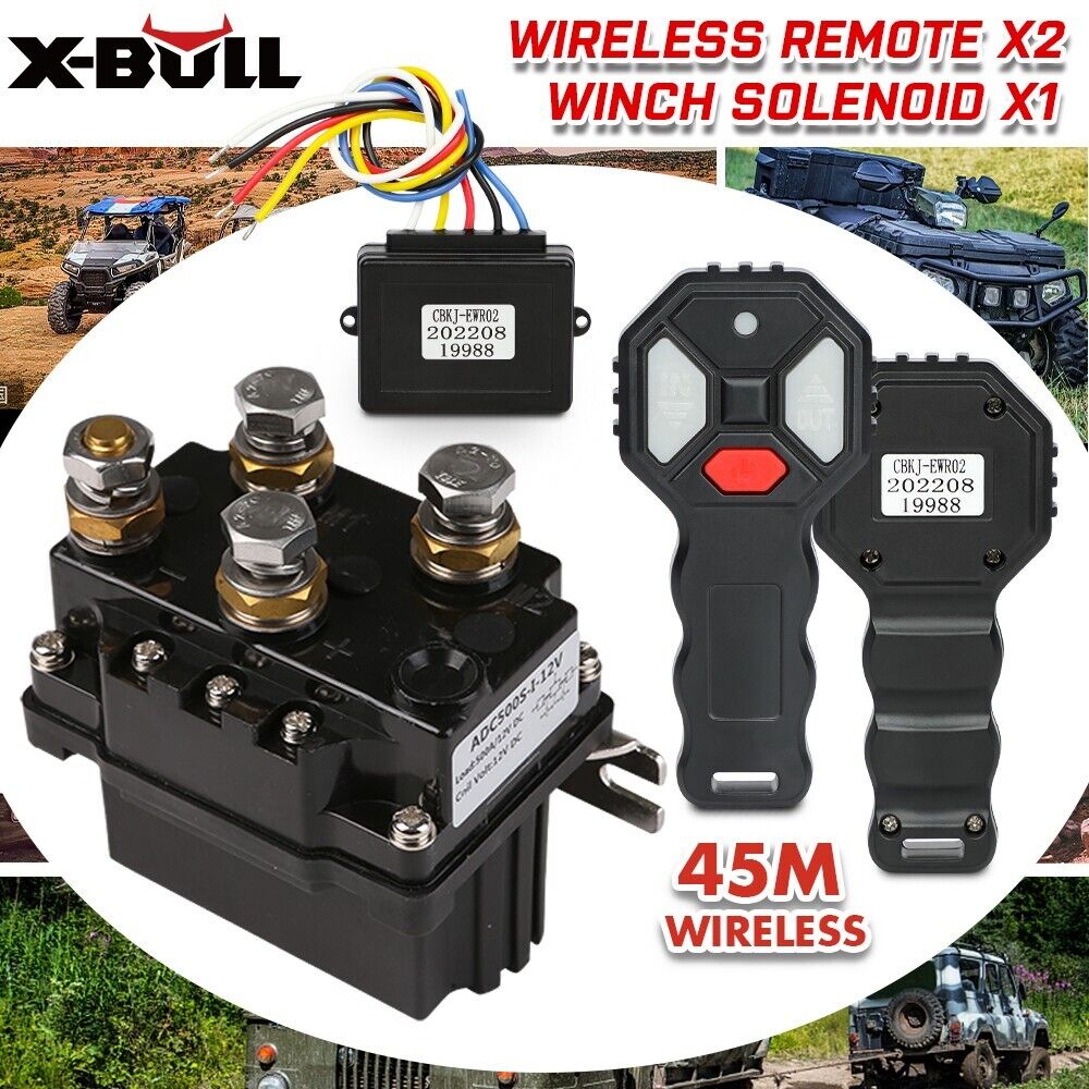 The image shows a X-BULL Winch Solenoid Relay Wiring Controller 500A 12V and 150ft Wireless Remote by X-BULL, designed for winching applications. The components are displayed against a backdrop of off-road vehicles in action, highlighting the 45-meter wireless range feature.