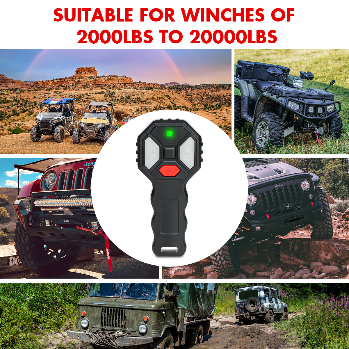 The image shows a X-BULL Winch Solenoid Relay Wiring Controller 500A 12V and 150ft Wireless Remote by X-BULL, designed for winching applications. The components are displayed against a backdrop of off-road vehicles in action, highlighting the 45-meter wireless range feature.