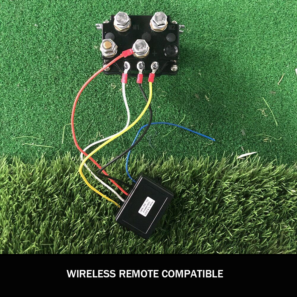 The image shows a X-BULL Winch Solenoid Relay Wiring Controller 500A 12V and 150ft Wireless Remote by X-BULL, designed for winching applications. The components are displayed against a backdrop of off-road vehicles in action, highlighting the 45-meter wireless range feature.