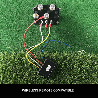 The image shows a X-BULL Winch Solenoid Relay Wiring Controller 500A 12V and 150ft Wireless Remote by X-BULL, designed for winching applications. The components are displayed against a backdrop of off-road vehicles in action, highlighting the 45-meter wireless range feature.