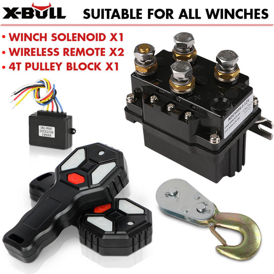 A set of X-BULL Winch Solenoid Relay Wiring Controller 500A 12V and 150ft Wireless Remote 4T Block Pulley is displayed, including a 12 volt solenoid operated winch, two wireless remote controls, and a 4-ton pulley block. The brand name "X-BULL" is shown at the top, with a caption indicating that these heavy-duty items are suitable for all winches.