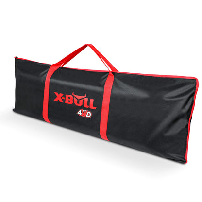 The image shows an X-BULL Recovery tracks Carry Bag 4x4 Extraction Tred Bag Black made of heavy-duty Cordura nylon, featuring red handles and accents. The "X-BULL 4WD" logo is printed on the side in red and white. The design suggests it is perfect for tracks storage and holding equipment related to off-road vehicles.