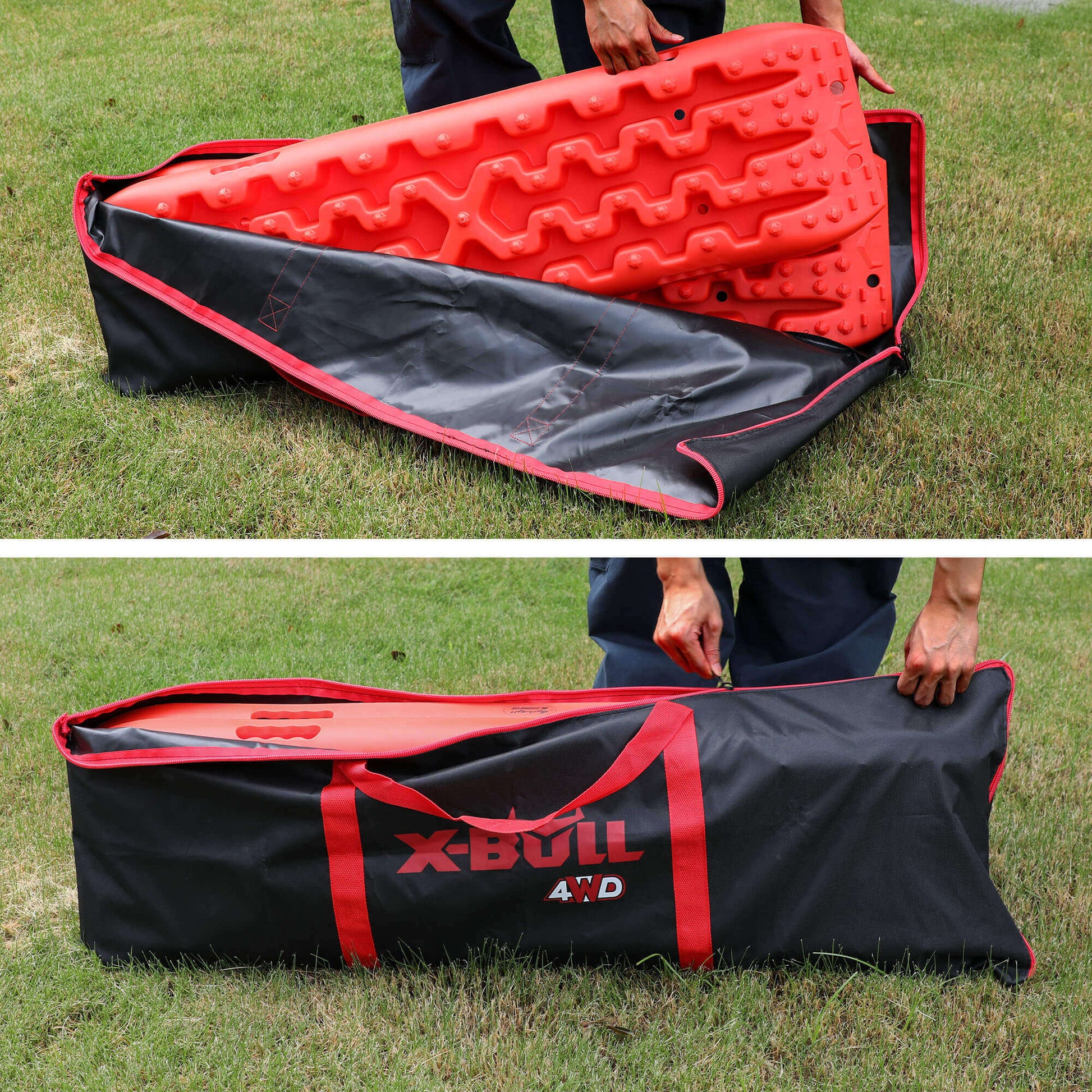 The image shows an X-BULL Recovery tracks Carry Bag 4x4 Extraction Tred Bag Black made of heavy-duty Cordura nylon, featuring red handles and accents. The "X-BULL 4WD" logo is printed on the side in red and white. The design suggests it is perfect for tracks storage and holding equipment related to off-road vehicles.