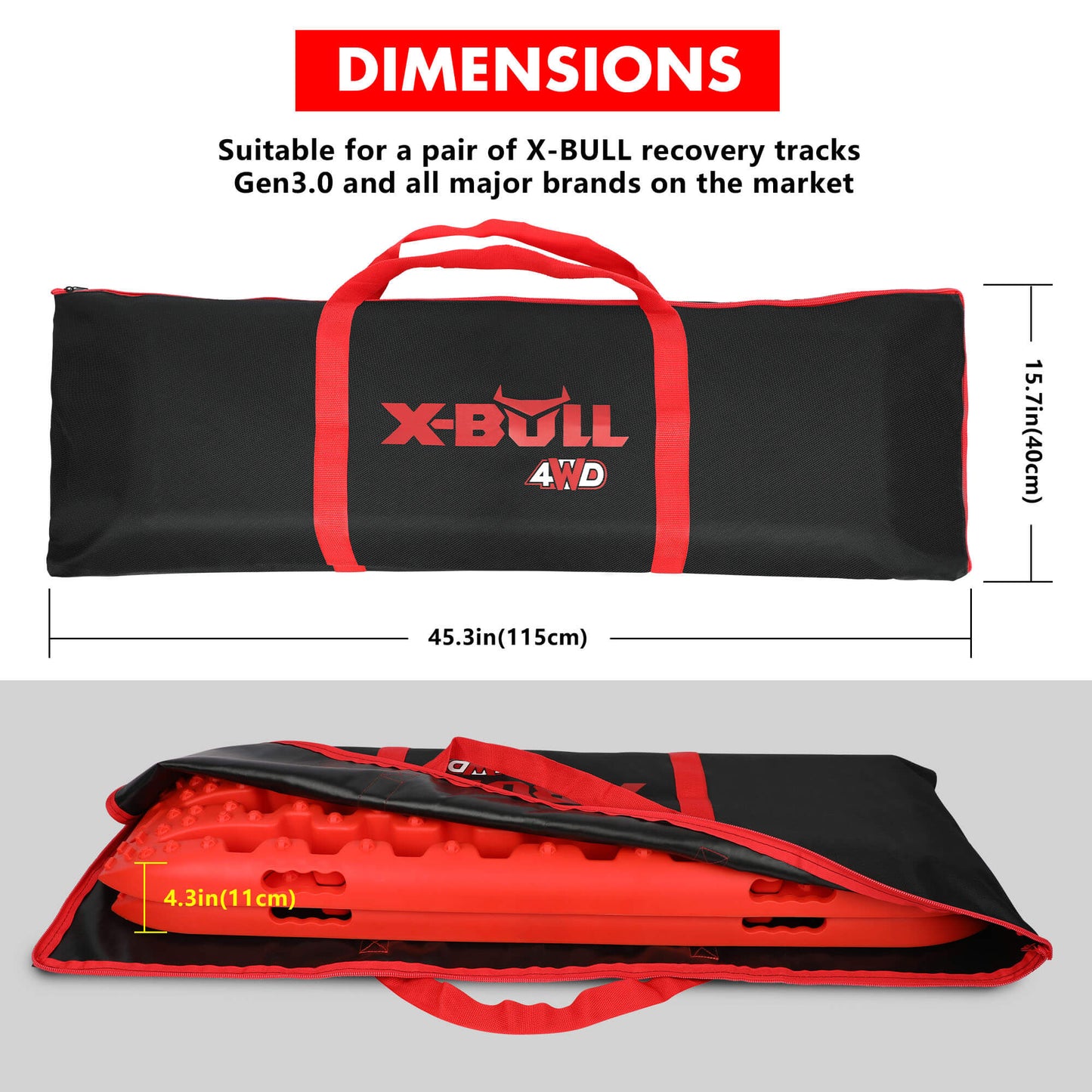 The image shows an X-BULL Recovery tracks Carry Bag 4x4 Extraction Tred Bag Black made of heavy-duty Cordura nylon, featuring red handles and accents. The "X-BULL 4WD" logo is printed on the side in red and white. The design suggests it is perfect for tracks storage and holding equipment related to off-road vehicles.