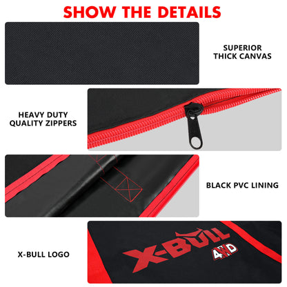 The image shows an X-BULL Recovery tracks Carry Bag 4x4 Extraction Tred Bag Black made of heavy-duty Cordura nylon, featuring red handles and accents. The "X-BULL 4WD" logo is printed on the side in red and white. The design suggests it is perfect for tracks storage and holding equipment related to off-road vehicles.