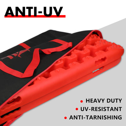 The image shows an X-BULL Recovery tracks Carry Bag 4x4 Extraction Tred Bag Black made of heavy-duty Cordura nylon, featuring red handles and accents. The "X-BULL 4WD" logo is printed on the side in red and white. The design suggests it is perfect for tracks storage and holding equipment related to off-road vehicles.