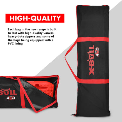 The image shows an X-BULL Recovery tracks Carry Bag 4x4 Extraction Tred Bag Black made of heavy-duty Cordura nylon, featuring red handles and accents. The "X-BULL 4WD" logo is printed on the side in red and white. The design suggests it is perfect for tracks storage and holding equipment related to off-road vehicles.