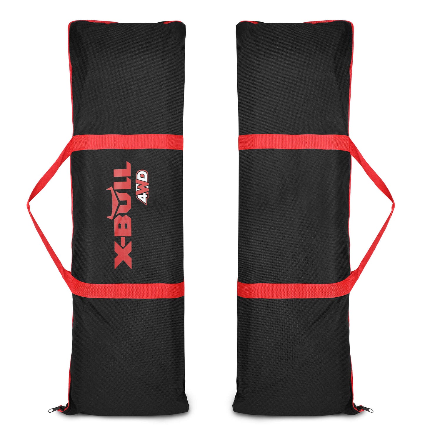 The image shows an X-BULL Recovery tracks Carry Bag 4x4 Extraction Tred Bag Black made of heavy-duty Cordura nylon, featuring red handles and accents. The "X-BULL 4WD" logo is printed on the side in red and white. The design suggests it is perfect for tracks storage and holding equipment related to off-road vehicles.