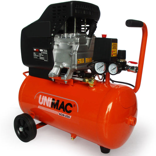 A bright orange UNIMAC Air Compressor 24L 2HP Electric Portable Inflator Direct Tank Pump Oil with a black protective cover on top, featuring two pressure gauges, a red power button, and a carrying handle. Equipped with a powerful 2HP motor for operating pneumatic tools, it also has two black wheels for mobility and a control panel with various labels and instructions.