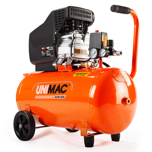 An orange UNIMAC Air Compressor 50L 3HP Electric Portable Inflator Direct Tank Pump Oil with a black handle, pressure gauges, control switches, and a 3HP motor is shown. The air tank has wheels for easy mobility, and various valves and fittings are visible on its top.