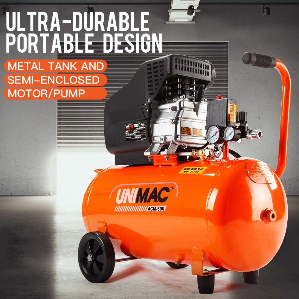 An orange UNIMAC Air Compressor 50L 3HP Electric Portable Inflator Direct Tank Pump Oil with a black handle, pressure gauges, control switches, and a 3HP motor is shown. The air tank has wheels for easy mobility, and various valves and fittings are visible on its top.