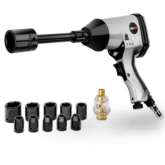 An UNIMAC Air Impact Wrench Kit 17pc 1/2 Rattle Gun Set Socket Pneumatic Metric featuring an air impact wrench with a shiny metallic body and black handle is displayed alongside nine different-sized black socket attachments and a clear, cylindrical accessory with a brass fitting.